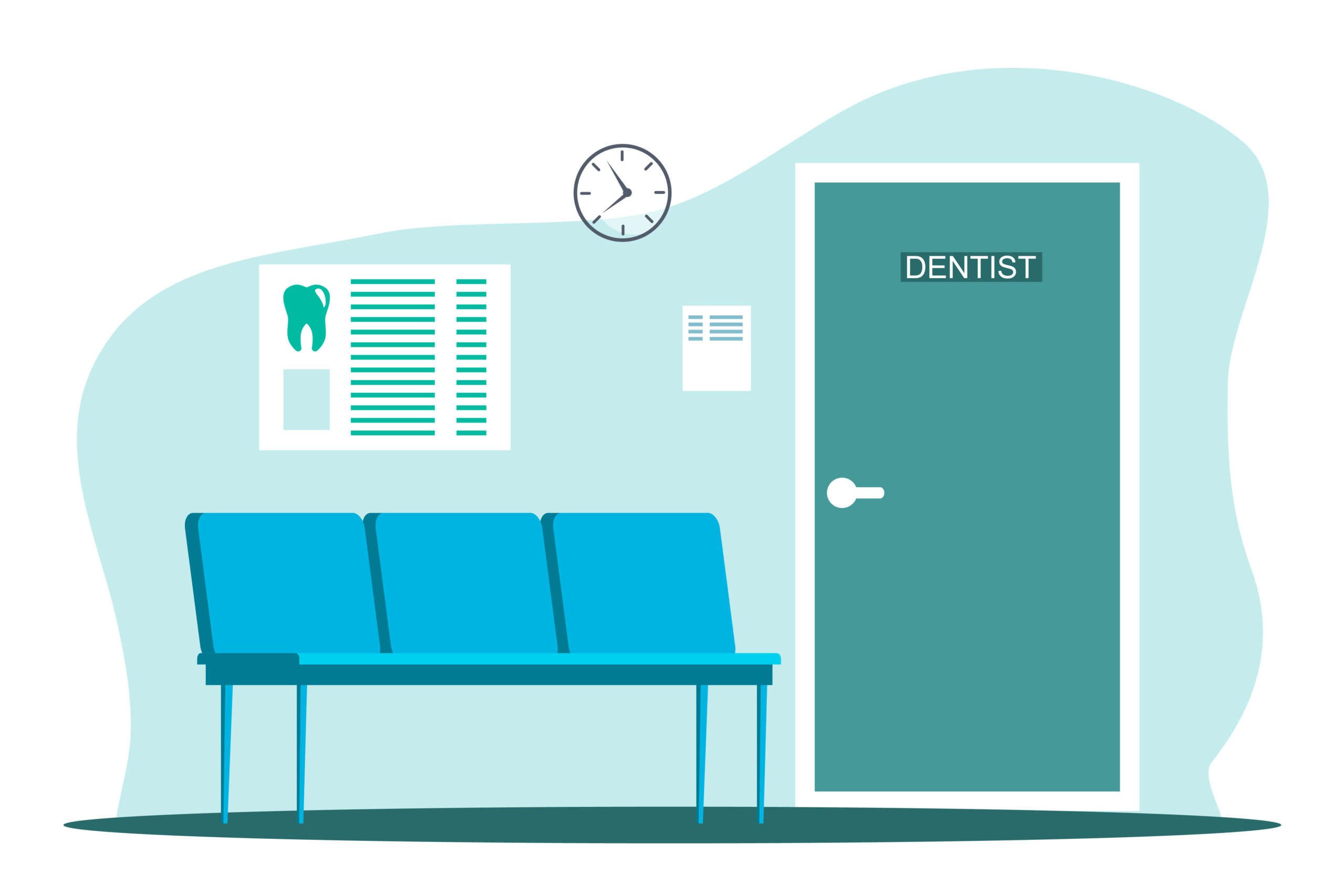 Waiting hall room interior for patient in dental office. Stomatology medical clinic building indoor. Armchair for visitor, clock, door, appointment schedule. Hallway inside near stomatologist cabinet